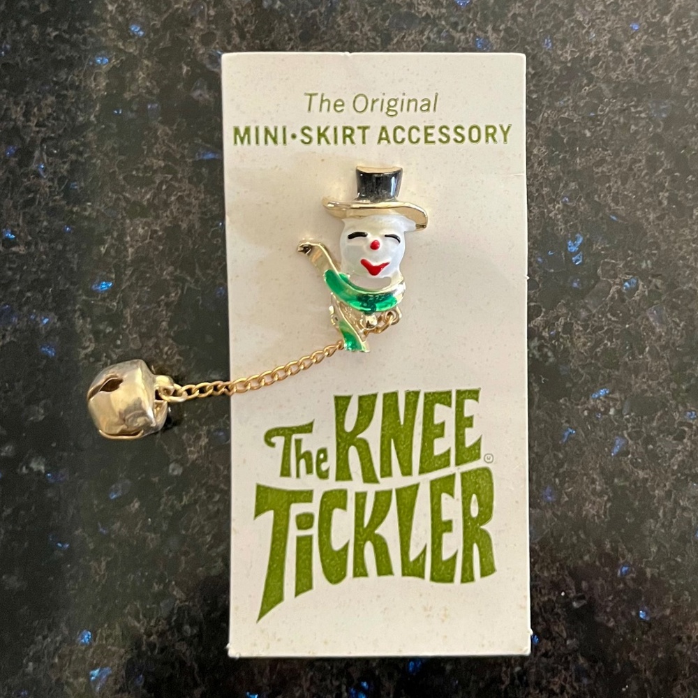 Vintage Christmas Pin Brooch Snowman Jingle Bell Mini Skirt Accessory 60s